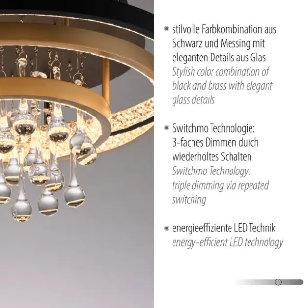 Paul Neuhaus Deckenleuchte schwarz messing Kristallanhänger dimmbar