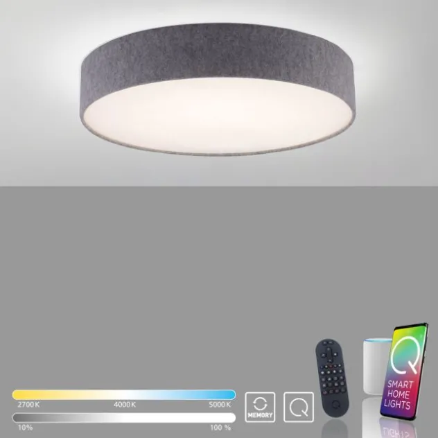 Paul Neuhaus, Q-KIARA ,LED-Deckenleuchte, grau, Ø 58cm, Stoffschirm, Smart Home