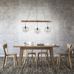 Pendelleuchte modern, Holz, schwarz, 3-flammig, Drahtkörbe, E27 Fassung