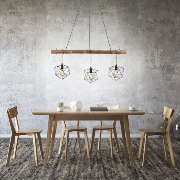 Pendelleuchte modern, Holz, schwarz, 3-flammig, Drahtkörbe, E27 Fassung