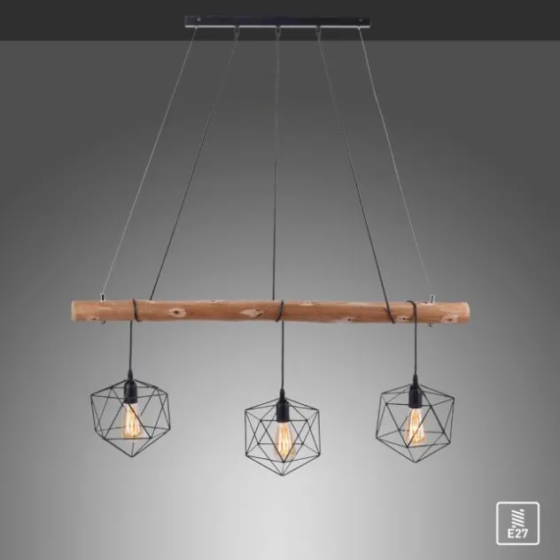 Pendelleuchte modern, Holz, schwarz, 3-flammig, Drahtkörbe, E27 Fassung