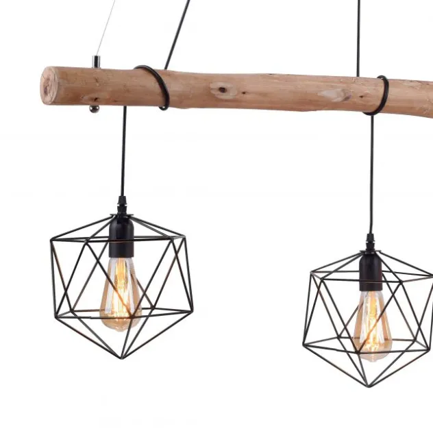 Pendelleuchte modern, Holz, schwarz, 3-flammig, Drahtkörbe, E27 Fassung