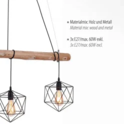 Pendelleuchte modern, Holz, schwarz, 3-flammig, Drahtkörbe, E27 Fassung