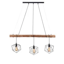 Pendelleuchte modern, Holz, schwarz, 3-flammig, Drahtkörbe, E27 Fassung
