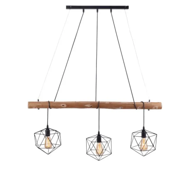 Pendelleuchte modern, Holz, schwarz, 3-flammig, Drahtkörbe, E27 Fassung