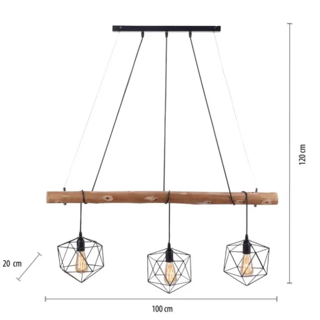 Pendelleuchte modern, Holz, schwarz, 3-flammig, Drahtkörbe, E27 Fassung