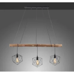 Pendelleuchte modern, Holz, schwarz, 3-flammig, Drahtkörbe, E27 Fassung