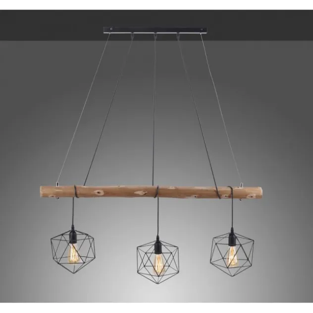 Pendelleuchte modern, Holz, schwarz, 3-flammig, Drahtkörbe, E27 Fassung