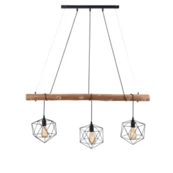 Pendelleuchte modern, Holz, schwarz, 3-flammig, Drahtkörbe, E27 Fassung