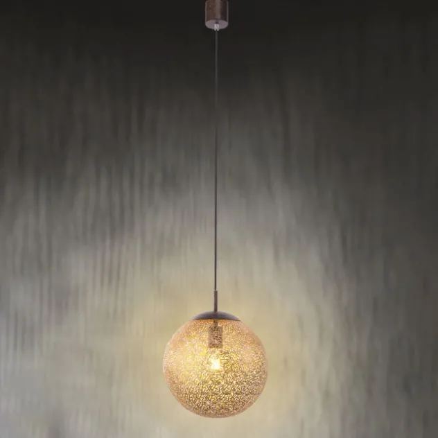 Pendelleuchte, rost-gold, Kugelform, E27 Fassung, lichtdurchlässiges Muster