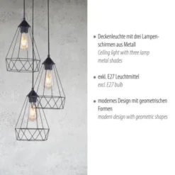 Pendelleuchte, schwarz, drei Metallkörbe, modern, Retro Stil, E27 Fassung