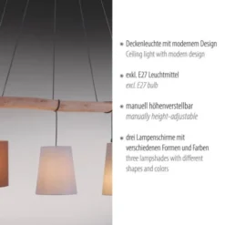 Pendelleuchte, schwarz, 3 Leuchtköpfe, Holzbalken geschwungen, E27 Fassung
