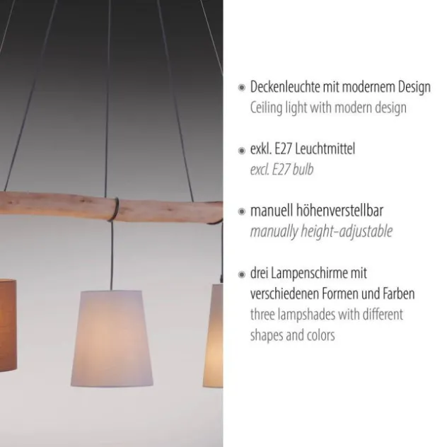Pendelleuchte, schwarz, 3 Leuchtköpfe, Holzbalken geschwungen, E27 Fassung