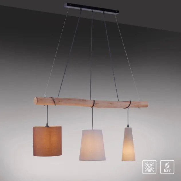 Pendelleuchte, schwarz, 3 Leuchtköpfe, Holzbalken geschwungen, E27 Fassung