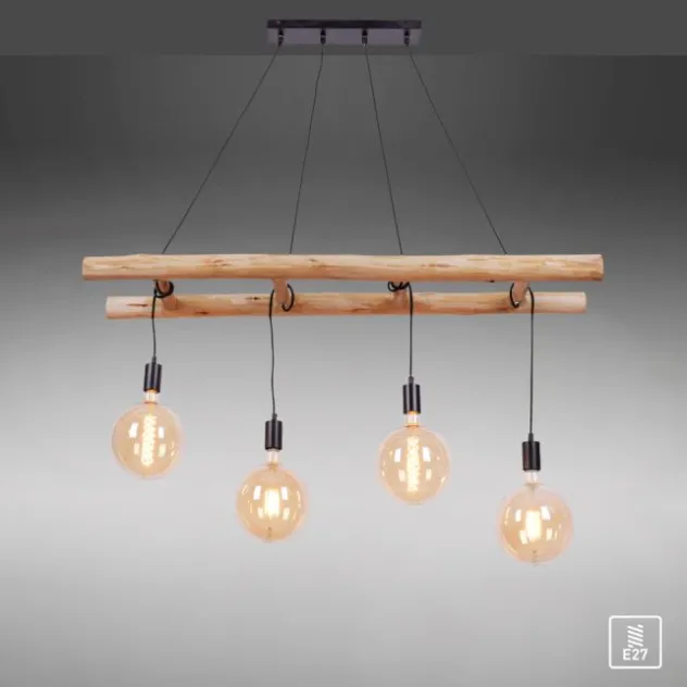 Pendelleuchte schwarz Retro Design Holzleiter 4-flammig Eukalyptusholz