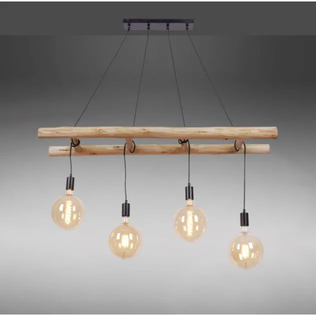 Pendelleuchte schwarz Retro Design Holzleiter 4-flammig Eukalyptusholz