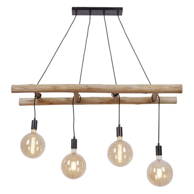Pendelleuchte schwarz Retro Design Holzleiter 4-flammig Eukalyptusholz