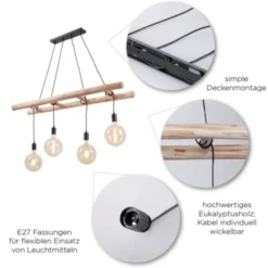 Pendelleuchte schwarz Retro Design Holzleiter 4-flammig Eukalyptusholz