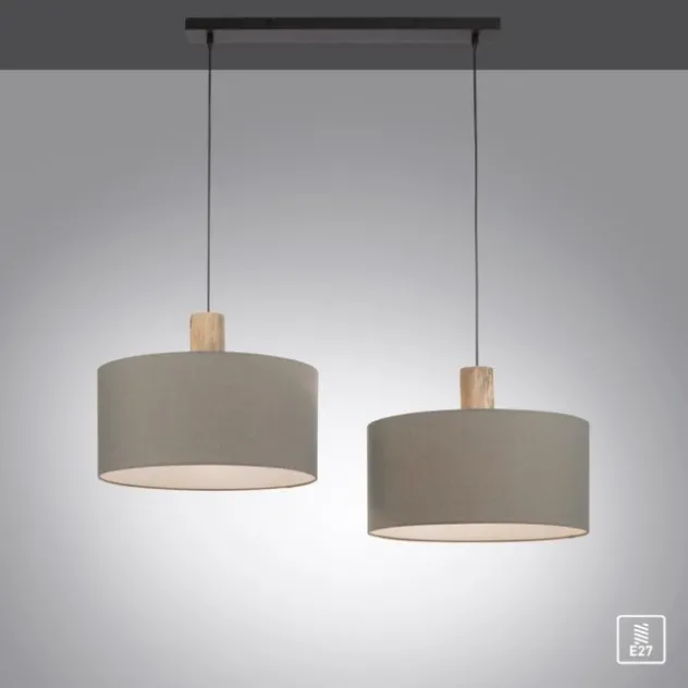 Pendelleuchte, Stoff, grau, E27, Holz, 2-flammig