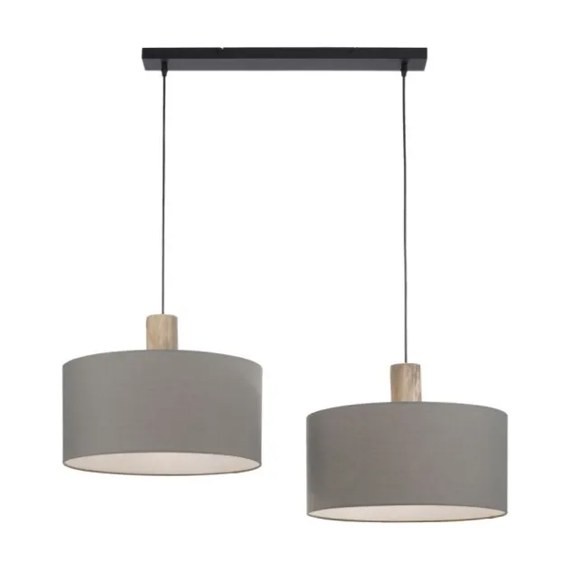 Pendelleuchte, Stoff, grau, E27, Holz, 2-flammig
