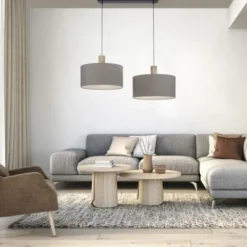 Pendelleuchte, Stoff, grau, E27, Holz, 2-flammig