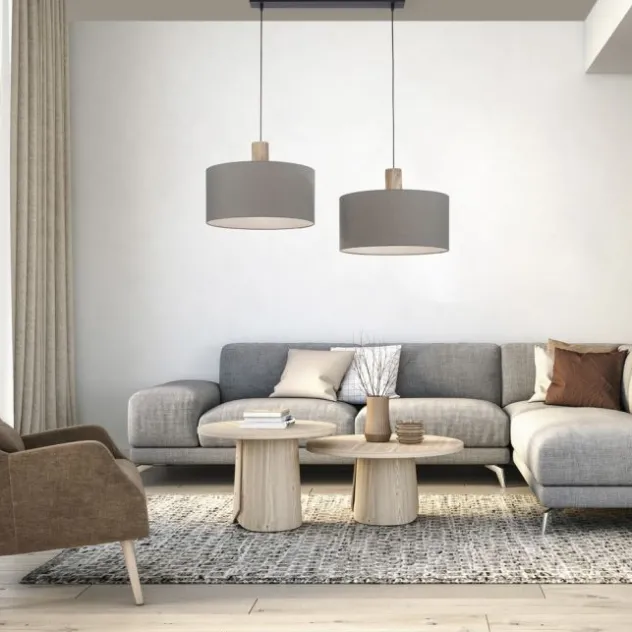 Pendelleuchte, Stoff, grau, E27, Holz, 2-flammig