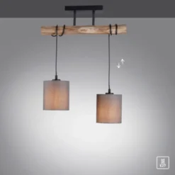 Pendelleuchte Stoffschirm taupe, 2-flammig Fassung 2x E27 Holz