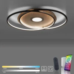 Q-AMIRA, LED-Deckenleuchte, Holzdekor, Stahl, CCT, dimmbar, Smart Home