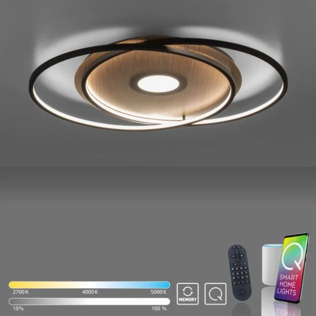 Q-AMIRA, LED-Deckenleuchte, Holzdekor, Stahl, CCT, dimmbar, Smart Home