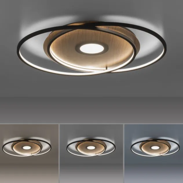 Q-AMIRA, LED-Deckenleuchte, Holzdekor, Stahl, CCT, dimmbar, Smart Home