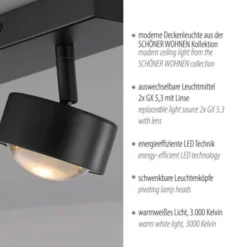Schöner Wohnen-Kollektion Deckenleuchte Strahler KULU, schwarz, 2-flammig, dreh- und schwenkbar