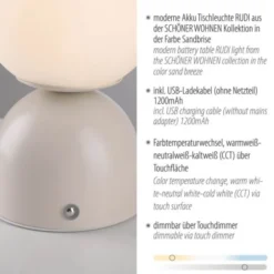 Schöner Wohnen-Kollektion LED Akku Tischleuchte RUDI, Sandfarben, USB Ladekabel