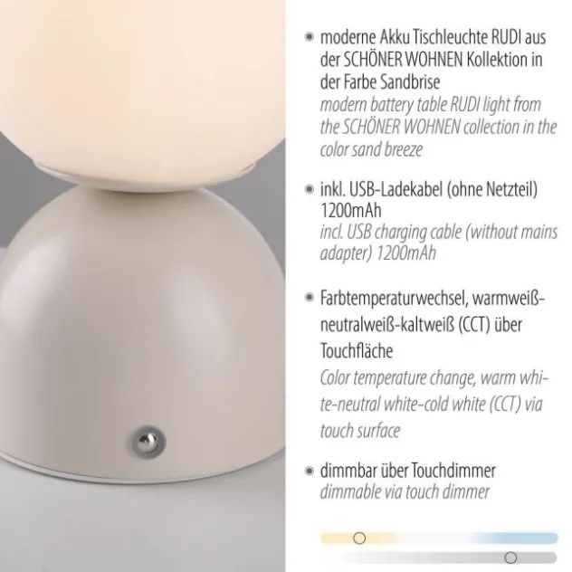 Schöner Wohnen-Kollektion LED Akku Tischleuchte RUDI, Sandfarben, USB Ladekabel