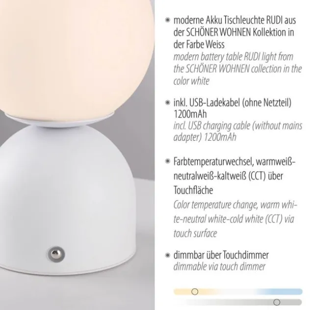 Schöner Wohnen-Kollektion LED Akku Tischleuchte RUDI, weiss, USB-Ladekabel