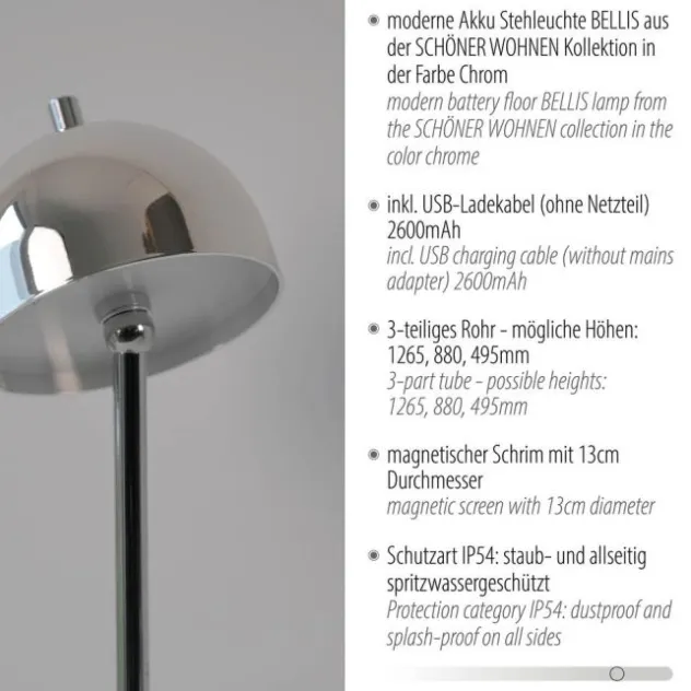 Schöner Wohnen-Kollektion LED Akku Stehleuchte BELLIES, chrom, aufladbar, USB-Ladekabel