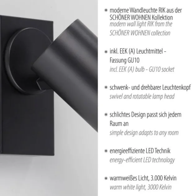 Schöner Wohnen-Kollektion LED Wand- und Deckenleuchte RIK, schwarz, einflammig