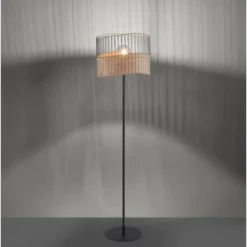 Stehleuchte, schwarz, Metall, Holzgeflecht, rustikaler Vintage Look, modern