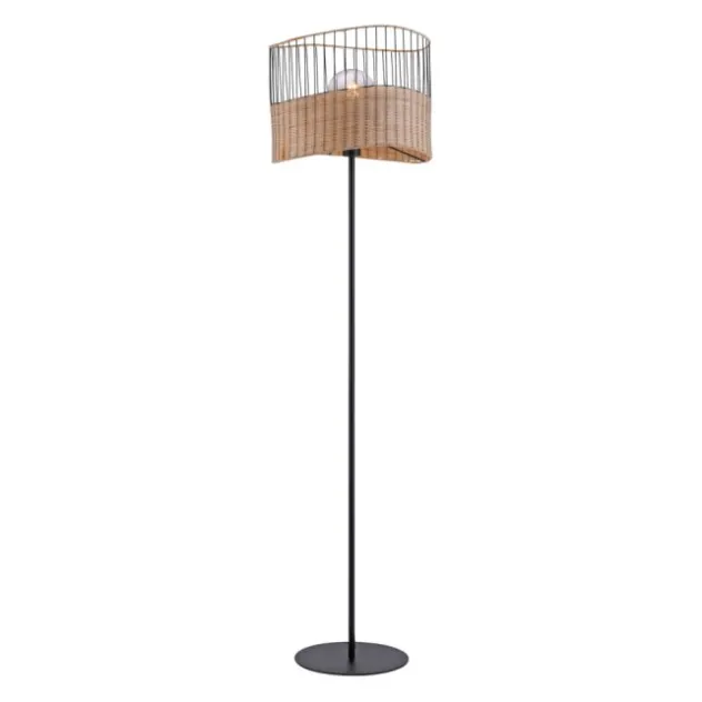 Stehleuchte, schwarz, Metall, Holzgeflecht, rustikaler Vintage Look, modern