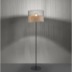 Stehleuchte, schwarz, Metall, Holzgeflecht, rustikaler Vintage Look, modern