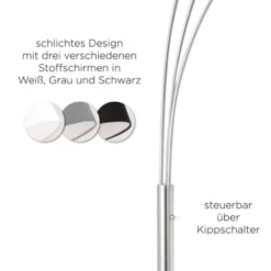 Stehleuchte stahlfarben, dreifarbige Stoffschirme, Kippschalter, E27 Fassung