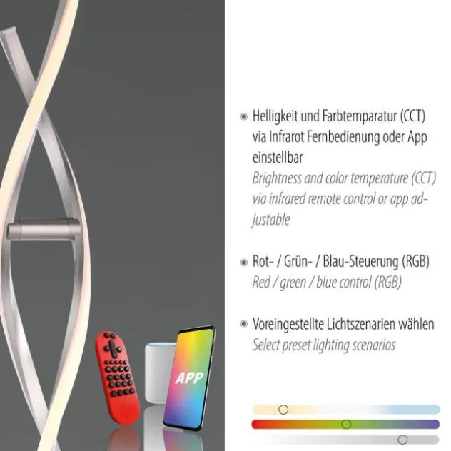 Stehleuchte, stahlfarben, RGB, Fernbedienung, dimmbar, App