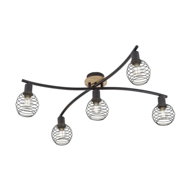 Strahler, Deckenleuchte, Holz, schwarz, 5-flammig, Drahtkorb