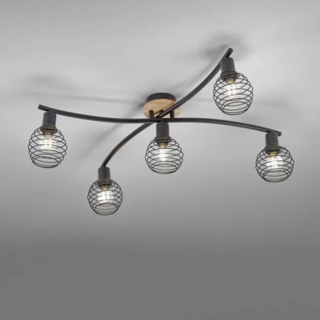 Strahler, Deckenleuchte, Holz, schwarz, 5-flammig, Drahtkorb