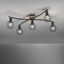 Strahler, Deckenleuchte, Holz, schwarz, 5-flammig, Drahtkorb