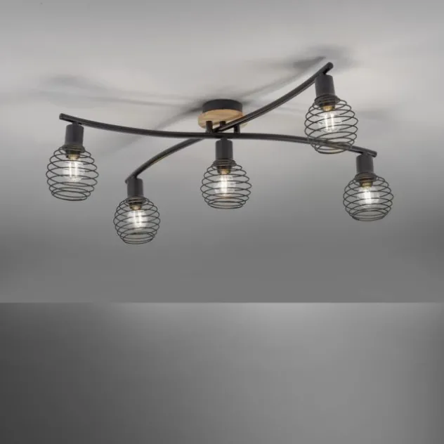 Strahler, Deckenleuchte, Holz, schwarz, 5-flammig, Drahtkorb