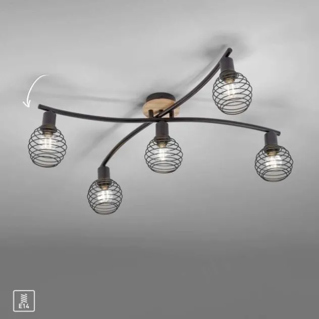 Strahler, Deckenleuchte, Holz, schwarz, 5-flammig, Drahtkorb
