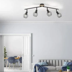 Strahler, Deckenleuchte, Holz, schwarz, 4-flammig, Drahtkorb