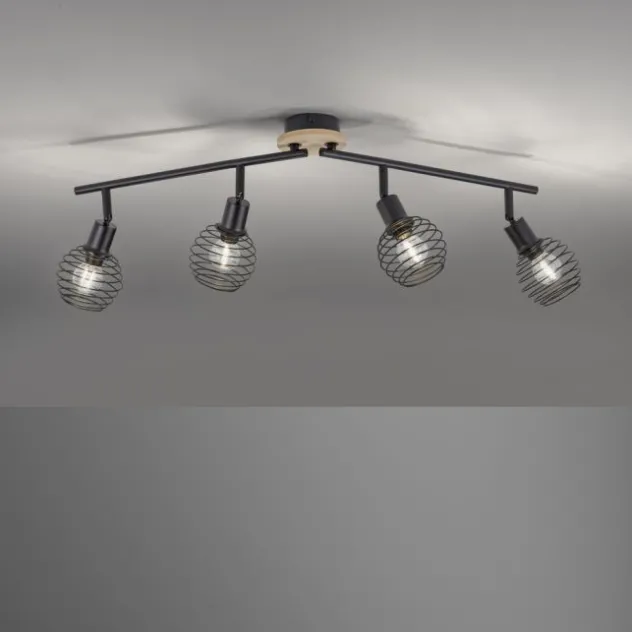Strahler, Deckenleuchte, Holz, schwarz, 4-flammig, Drahtkorb