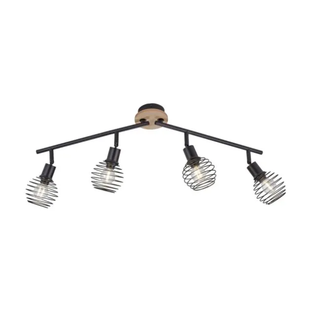 Strahler, Deckenleuchte, Holz, schwarz, 4-flammig, Drahtkorb