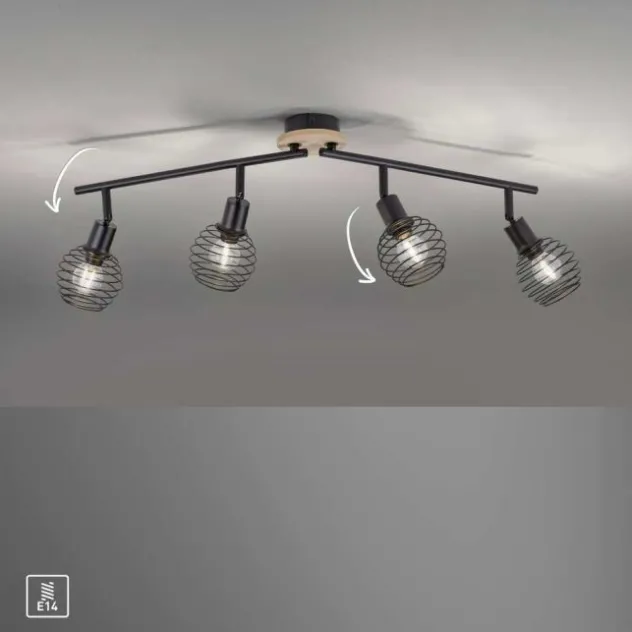 Strahler, Deckenleuchte, Holz, schwarz, 4-flammig, Drahtkorb
